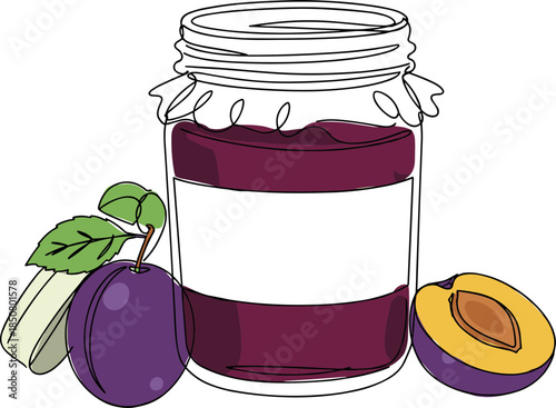 Line drawing of a jar of plum jam with whole plums and a half plum on a transparent background, showcasing vibrant colors and simple design in a playful illustration style