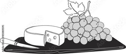 Line drawing of cheese and grapes on a wooden board with a knife, minimalist design, isolated on transparent background