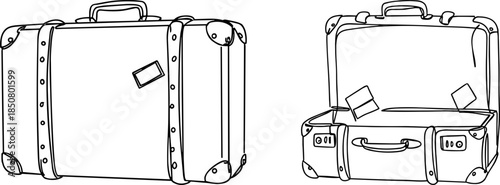 Line drawing of a vintage suitcase open and closed, with travel tags on a transparent background, showcasing its leather texture and classic design for travel and adventure enthusiasts