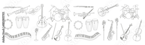 Jazz band instruments line art collection, guitar, saxophone, trumpet, drums, violin, piano keyboard illustration