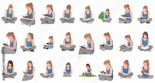 Vector set of women sitting cross-legged, writing or studying in a notebook, symbolizing education, contemplation, and personal journaling.