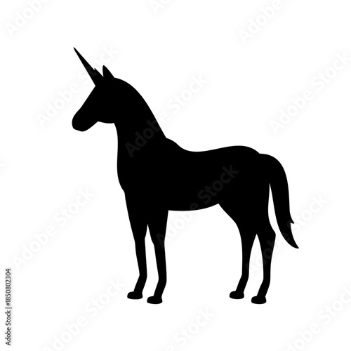 Black silhouette of a majestic unicorn standing on a white background