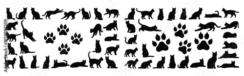 Black cat silhouettes and paw prints collection vector graphics bundle for animal design projects