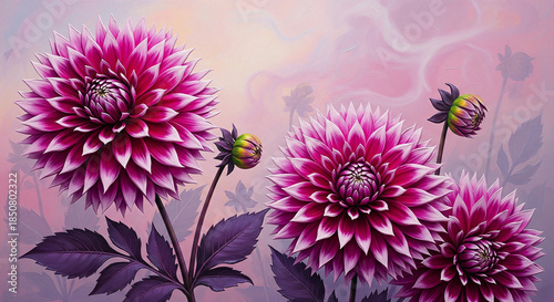 Oil Painting of Magenta and Purple Dahlia Flowers  3D relief wallpaper for mural wall art, canvas print, wall decor painting design