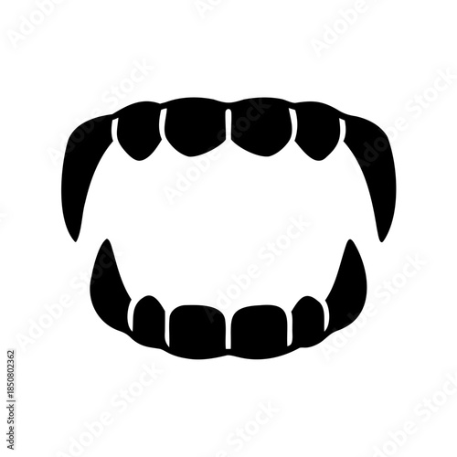 Stylized black and white image depicts a set of sinister vampire teeth