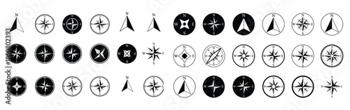 Compass rose icons set north south east west navigation markers map direction symbols graphic elements