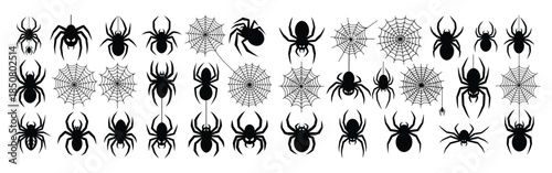 Black spider web silhouettes collection, halloween scary insect icons, arachnid graphic design elements