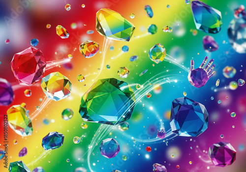 Vibrant rainbow background with colorful gems and sparkling jewels floating