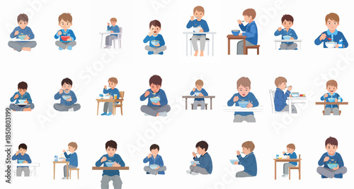 Vector set of cute little boys eating breakfast cereal, sitting at tables or on the floor, isolated on white background.