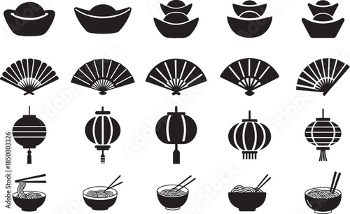 Chinese new year icon set with lantern, fan, hat, noodles vector