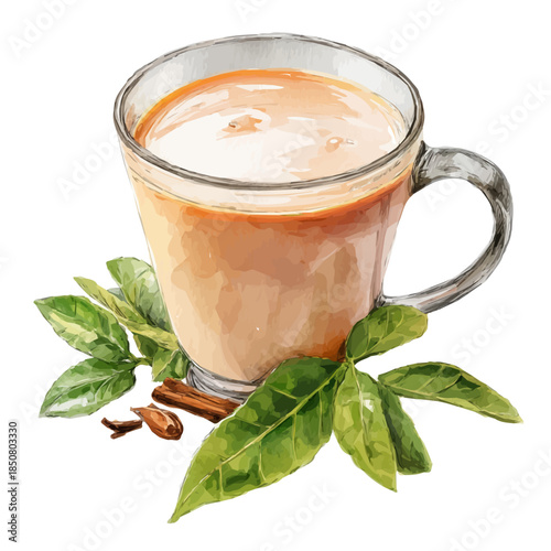 Isometric-style watercolor depiction of Chai Tea, set against a white background.