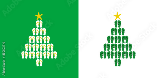 Logo flip flops. Icono calzado de playa. Chanclas con forma de árbol de navidad con estrella de mar para tarjetas y felicitaciones de Navidad 
