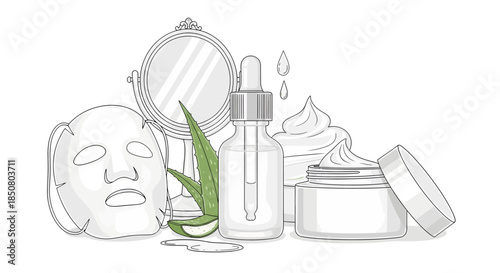 Aesthetic flat lay illustration of skincare products including a facial mask, aloe vera, serum, and creams for beauty routines