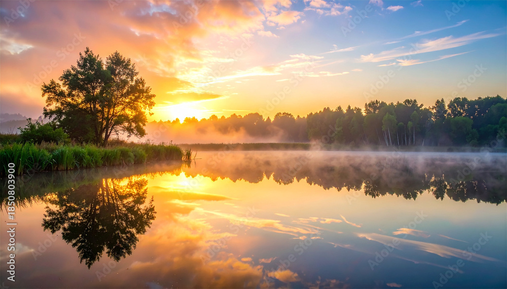 Obraz premium reflection at dawn, serene water 