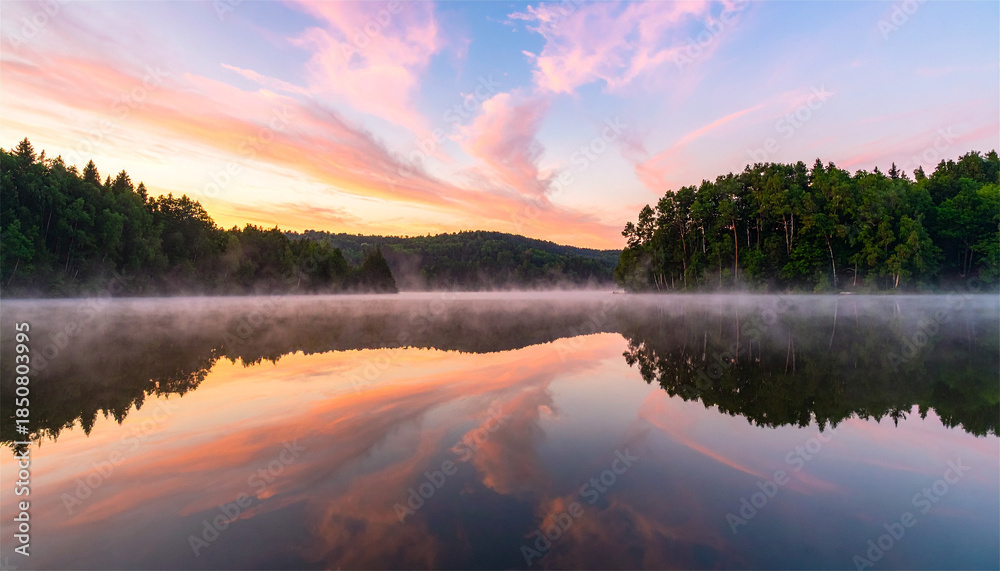 Obraz premium reflection at dawn, serene water 