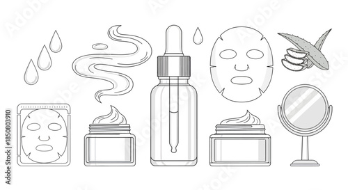 Cosmetic products and skincare items line art illustration