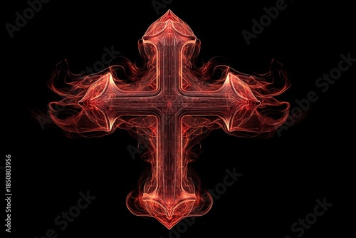 Molten glowing cross with fiery edges and swirling smoke patterns