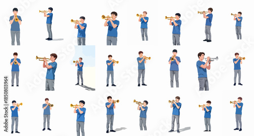 A collection of illustrated poses of young male musicians playing the golden trumpet, isolated on white background.