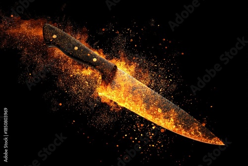 Fiery molten chef knife with glowing blade and exploding sparks on black background