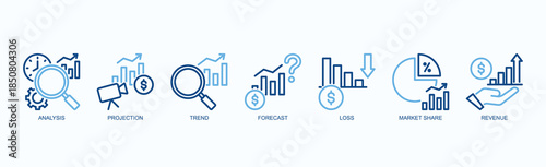 Growth Matrix Icon Set Isolated Vector With Icon Of Analysis, Projection, Trend, Forecast, Loss, Market Share, Revenue In Two Color Outline Style