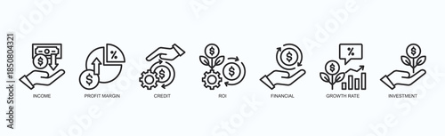 Wealth Engine Icon Set Isolated Vector With Icon Of Income, Profit Margin, Credit, Roi, Financial, Growth Rate, Investment In Outline Style