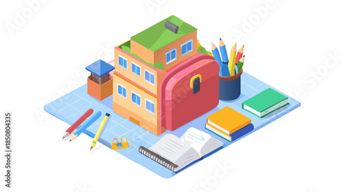 3D vector illustration rendering of school building surrounded by school supplies, pencils, notebooks, rulers, backpacks. Back to School and creative learning concept.

