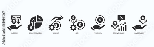 Wealth Engine Icon Set Isolated Vector With Icon Of Income, Profit Margin, Credit, Roi, Financial, Growth Rate, Investment In Black Style
