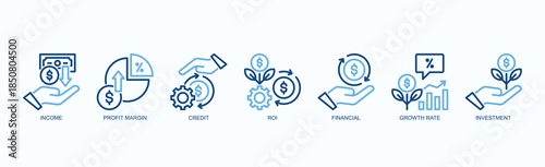 Wealth Engine Icon Set Isolated Vector With Icon Of Income, Profit Margin, Credit, Roi, Financial, Growth Rate, Investment In Two Color Outline Style