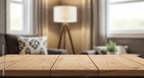 Warm wooden tabletop in a cozy living room with soft ambient light