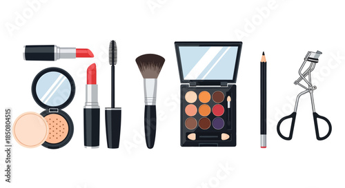 Makeup Tools and Cosmetics Set Displayed on White Background, Beauty Essentials, Flat Lay View, Graphic Illustration Concept