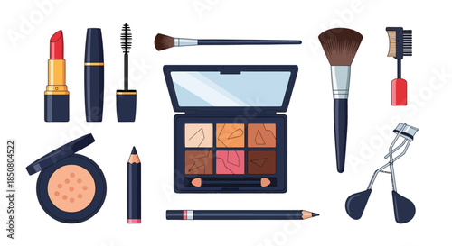 A colorful collection of essential makeup tools and cosmetic products for beauty routines, featuring eyeshadow palettes, lipsticks, mascara, and a variety of brushes for professional application