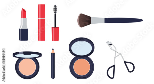 Essential collection of flat design makeup tools and beauty products for cosmetic application, personal care, and feminine enhancement vector illustration