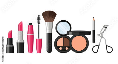 Collection of essential beauty and makeup products for cosmetic application, including lipstick, mascara, brushes, and tools