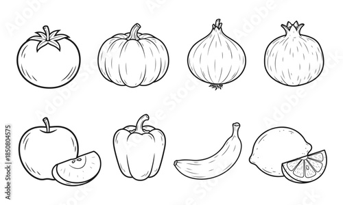 Illustration of assorted fruits and vegetables: tomato, pumpkin, onion, pomegranate, apple, bell pepper, banana, lemon. fresh produce, healthy food, organic set, farm harvest, natural ingredients