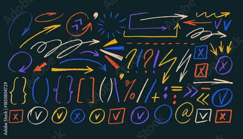 Vibrant Hand-Drawn Chalk Doodle Elements Vector Pack. A dynamic collection of arrows, checkmarks, symbols, and markers for creative design projects