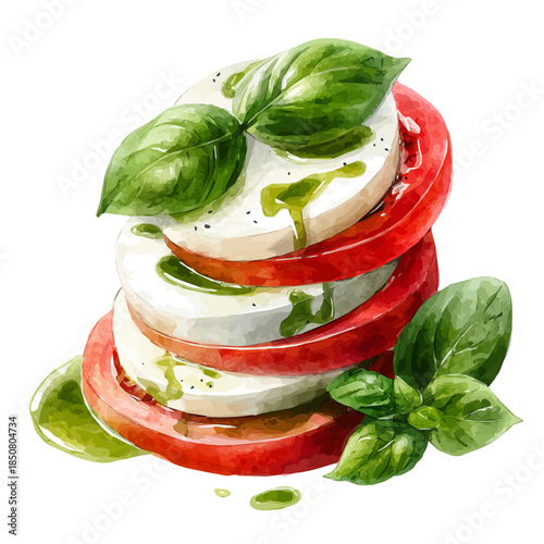 Watercolor isometric vector-style illustration of Caprese Salad, isolated on white background.