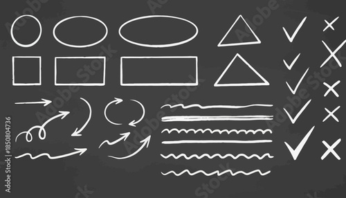 Hand-drawn chalk style shapes and symbols on a blackboard arrows, checkmarks, and geometric figures for creative design