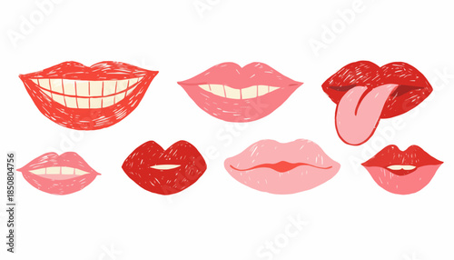 A collection of diverse lips displaying various expressions and emotions with a playful and artistic flair