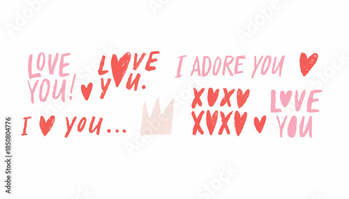 Cute and Romantic Hand-Drawn Text Phrases Expressing Love and Affection, Perfect for Valentine's Day and Special Occasions