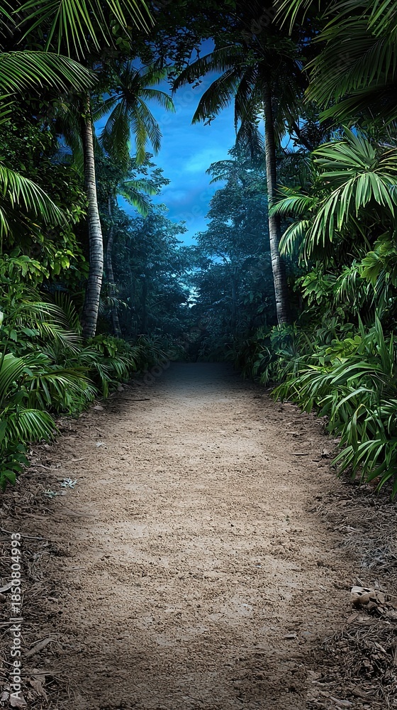 Obraz premium Dark Forest Aura of Mystery Serene Pathway Through Lush Tropical Jungle at Dusk