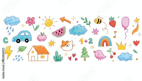 A delightful collection of whimsical hand-drawn illustrations featuring children's icons and playful elements