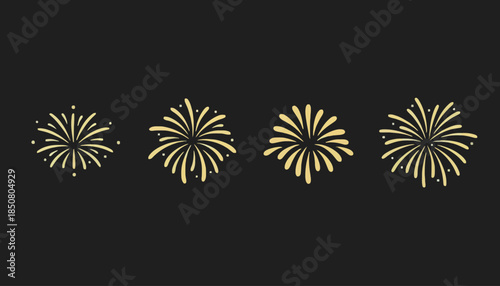 Set of four golden stylized fireworks icons bursting with festive energy, perfect for celebrating holidays, special events, and joyous occasions
