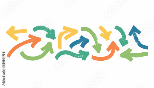 A vibrant collection of hand-drawn colorful arrows pointing in multiple directions, symbolizing choice, complexity, movement, and various paths in a dynamic visual representation