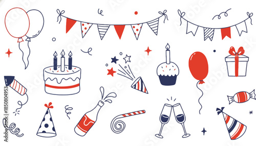 Celebrating with festivity A collection of party essentials, including balloons, confetti, cake, and gifts