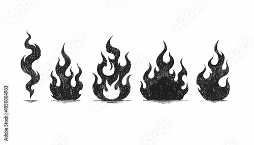 Collection of hand-drawn fire and smoke vector illustrations, featuring a grunge texture and distressed aesthetic, ideal for graphic design projects and vintage-themed art