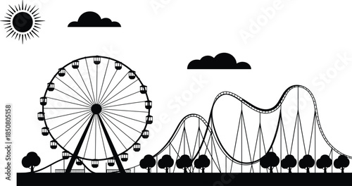 Amusement park silhouette illustration with ferris wheel and roller coaster, black and white theme, isolated landscape design graphic