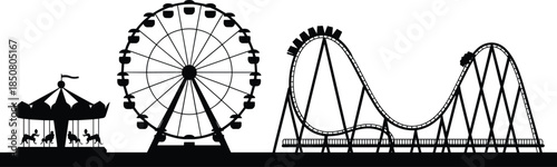 Amusement park silhouette illustration with carousel, ferris wheel and roller coaster, carnival entertainment concept, black and white vector