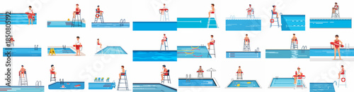 A comprehensive collection of swimming pool lifeguard characters and safety equipment illustrations, showing professional rescue personnel watching over water safety.