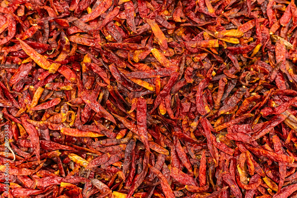 Fototapeta premium Detailed Close Up of Dried Red Chili Peppers Food Ingredient