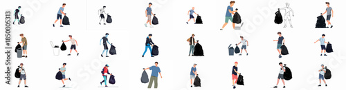 Young Men and Teenagers Carrying and Disposing of Garbage Bags: Vector Illustration Set for Waste Management, Cleanup, and Environmental Volunteering.